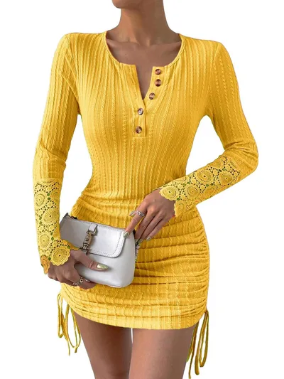 New Women's Round Neck Open Tube Lace Long sleeved Dress Orange - Shop at LoveMi
