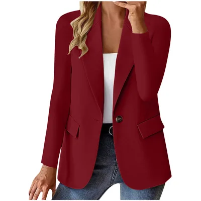 Women's Long Sleeve Solid Color Cardigan Small Suit Jacket Dark Red - Shop at LoveMi