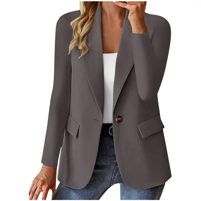 Women's Long Sleeve Solid Color Cardigan Small Suit Jacket Gray - Shop at LoveMi