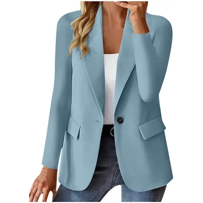 Women's Long Sleeve Solid Color Cardigan Small Suit Jacket Light Blue - Shop at LoveMi