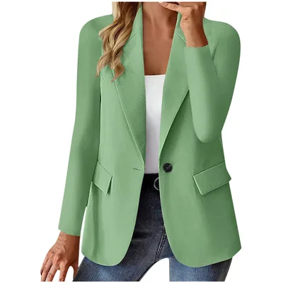 Women's Long Sleeve Solid Color Cardigan Small Suit Jacket Pea Green - Shop at LoveMi