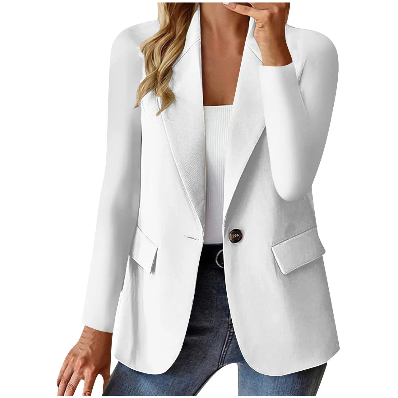 Women's Long Sleeve Solid Color Cardigan Small Suit Jacket - White