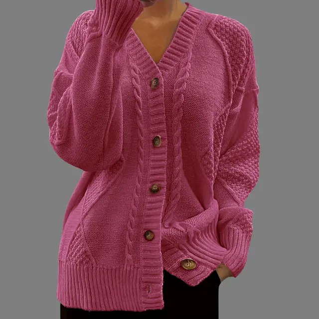 V neck Knitted Cardigan Breasted Cable knit Sweater Coat Carmine - Shop at LoveMi