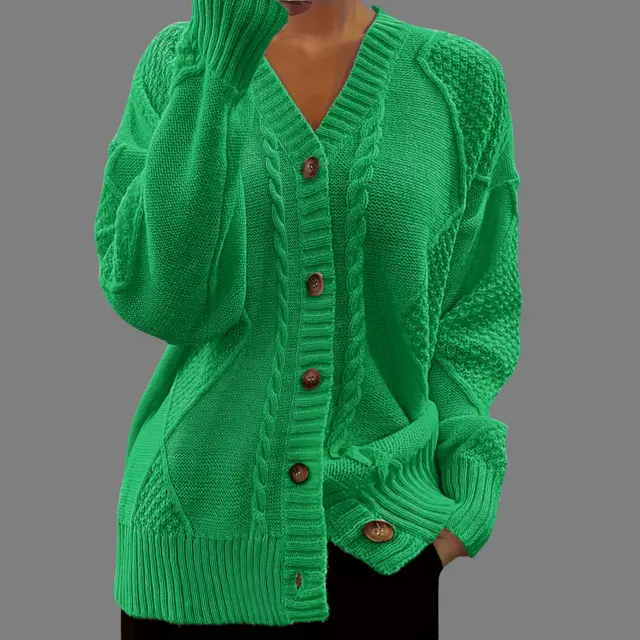 V neck Knitted Cardigan Breasted Cable knit Sweater Coat Green - Shop at LoveMi