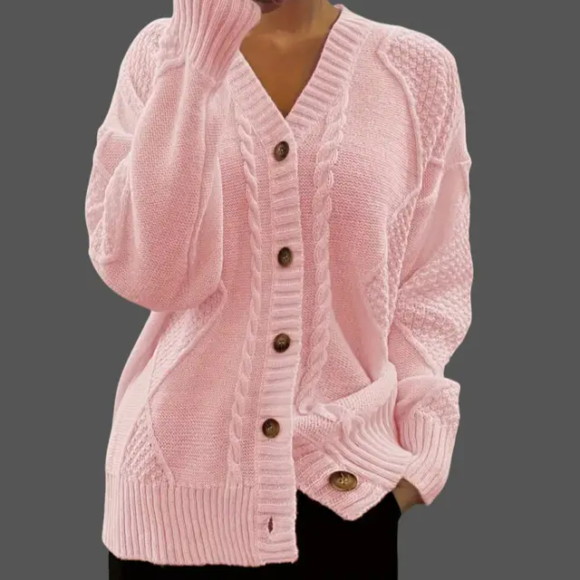 V neck Knitted Cardigan Breasted Cable knit Sweater Coat Pink - Shop at LoveMi