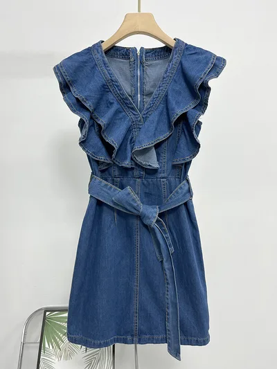 Spring And Summer V neck Flounce Denim Design Ladies Dress Dark Blue - Shop at LoveMi