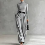Women's Creative Elegant Stand Collar Contrast Colour Binding Long-sleeved Knitted Wide-leg Pants Suit - Grey