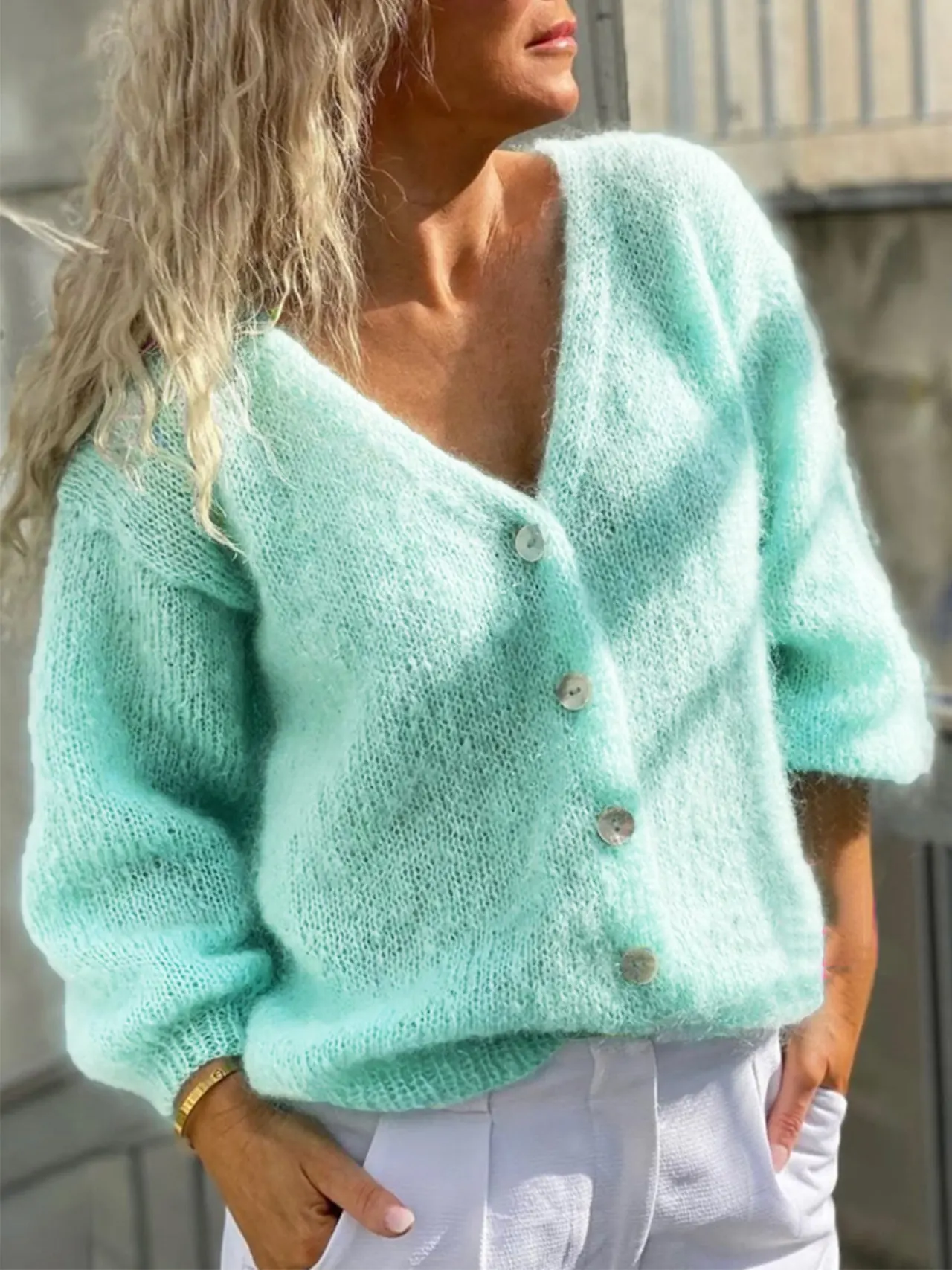 Women's Deep V-neck Solid Color Buttons Cardigan Knitted Sweater Coat - Light Blue