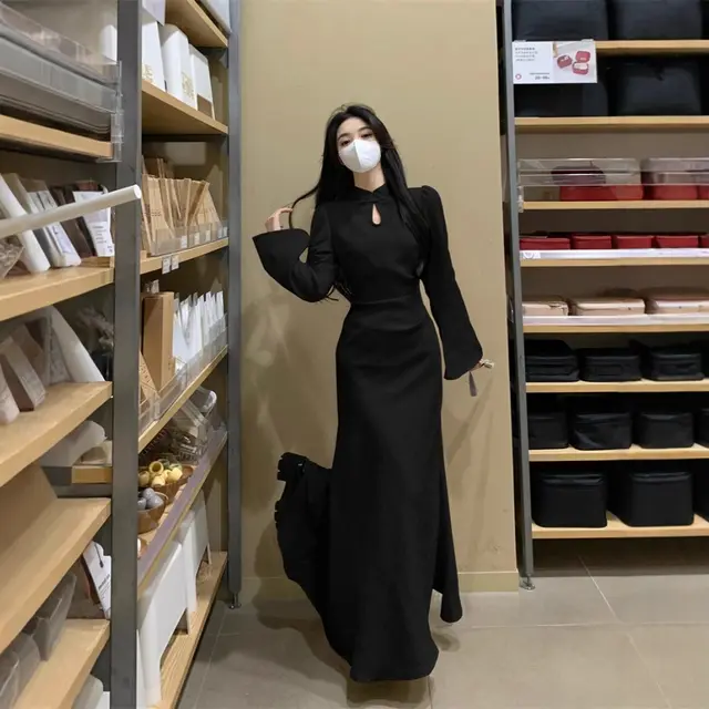 Plus Size Cheongsam Dress Women's Black Dress Plump Girls Waist tight Draping Effect Skirt Black - Shop at LoveMi