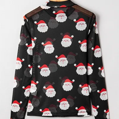 Women's Casual Printed Hollow Mesh T shirt Top Black Santa Claus - Shop at LoveMi