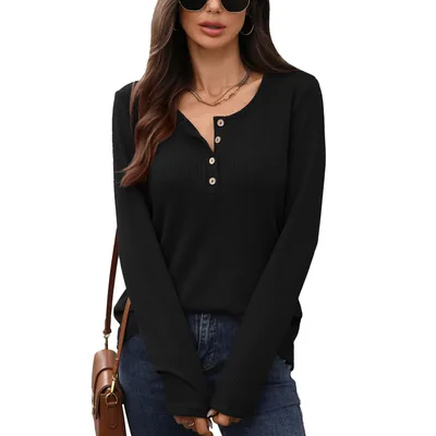 Women's Solid Color Round Neck Button Loose Long sleeved T shirt Top Black - Shop at LoveMi