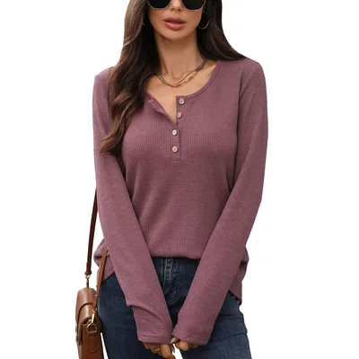 Women's Solid Color Round Neck Button Loose Long sleeved T shirt Top Brick Red - Shop at LoveMi