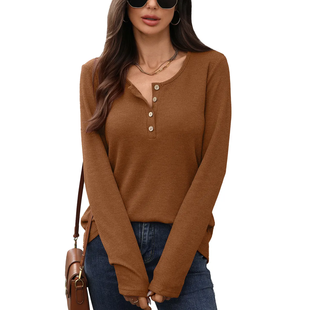 Women's Solid Color Round Neck Button Loose Long-sleeved T-shirt Top - Caramel