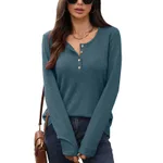 Women's Solid Color Round Neck Button Loose Long-sleeved T-shirt Top - Gray