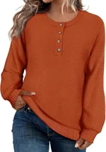 Solid Color Buttons Long Sleeve Round Neck Pullover Sweater Top - Orange Red - View 1