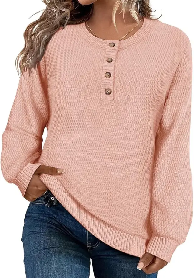 Solid Color Buttons Long Sleeve Round Neck Pullover Sweater Top Pink - Shop at LoveMi