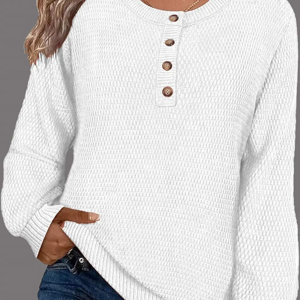 Solid Color Buttons Long Sleeve Round Neck Pullover Sweater Top - White
