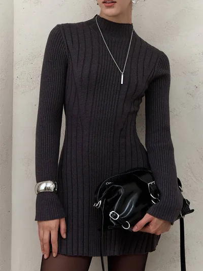 Long Sleeve Half Turtleneck Elegant Cute A Line Skirt Gray Grey - Shop at LoveMi