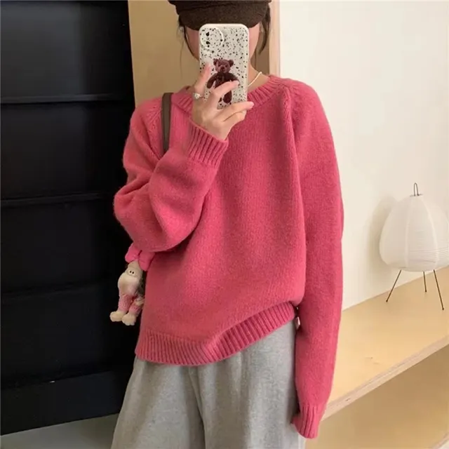 Candy Color Pullover Slimming Sweater Bottoming Rose Red - Shop at LoveMi