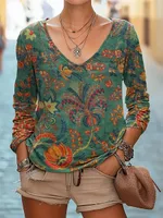 Casual V-neck Long Sleeve Regular Pullover Digital Printing Women's Top - 06Color-L
