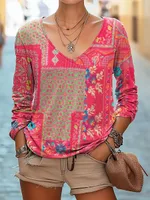 Casual V-neck Long Sleeve Regular Pullover Digital Printing Women's Top - 07Color-5Xl - View 1