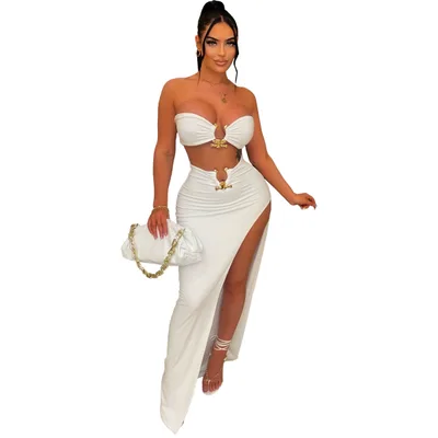 Casual Fashion Sexy Bandeau Irregular Skirt Suit White - Shop at LoveMi