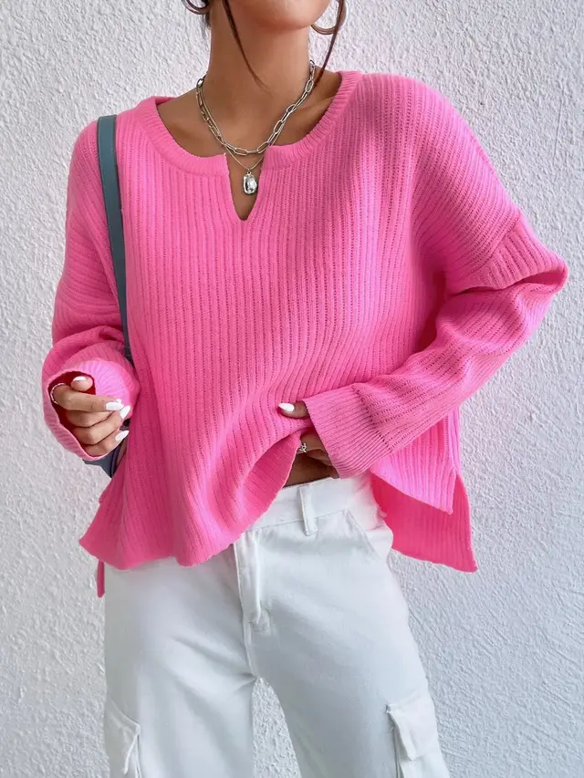 Women's Solid Color Sweater Niche V neck Loose Leisure All matching Long Sleeve Sweater Rose Red - Shop at LoveMi