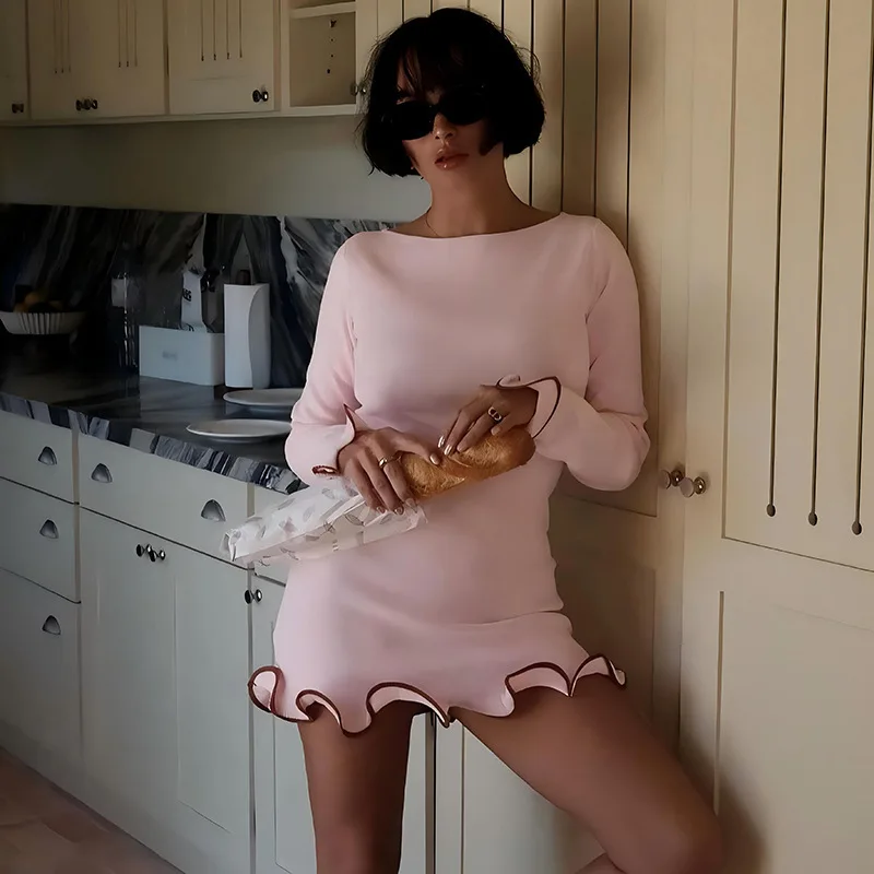 Autumn And Winter New Temperament Pure Color Round neck Long sleeved Dress Pink - Shop at LoveMi