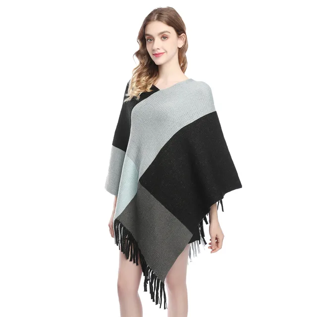 Fashion Women's Wear Color Contrast Patchwork Shawl Cape Knitted Black Blue - Shop at LoveMi