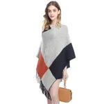 Fashion Women's Wear Color Contrast Patchwork Shawl Cape Knitted - Blue