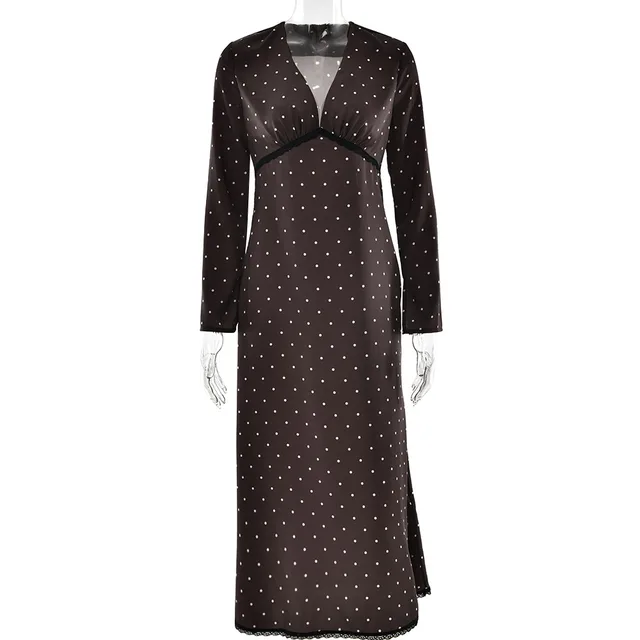 V neck Autumn New French Style Temperament Fitted Waist Polka Dots Dress Brown - Shop at LoveMi