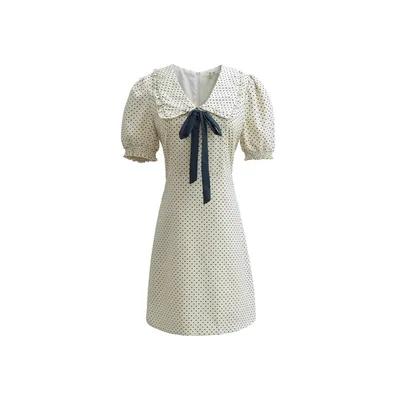 New Women's Doll Collar Bow Tie Puff Sleeve Short Dress White Polka Dot - Shop at LoveMi