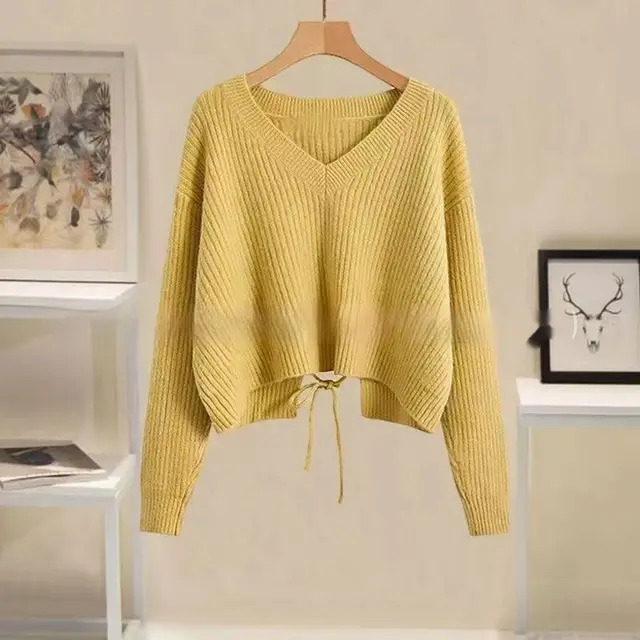 Sweater Women's Design Sense Niche Tied V neck Sweater Yellow - Shop at LoveMi