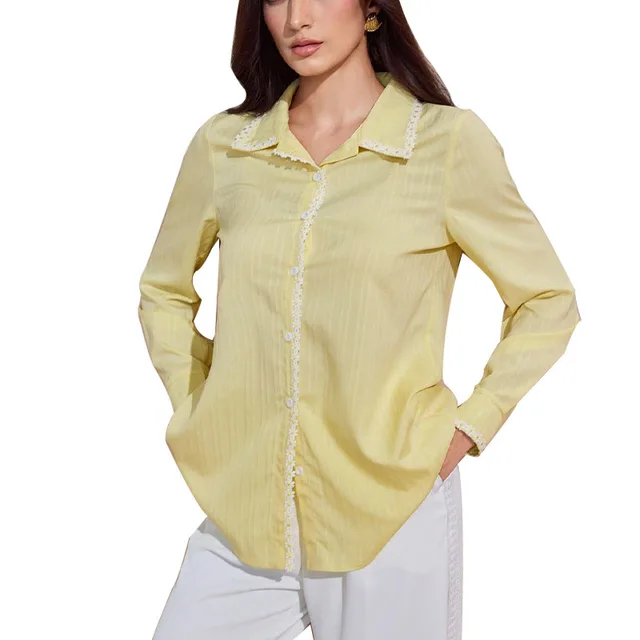 European And American Temperament Lace Long sleeved Shirt Solid Color Cardigan Top Yellow - Shop at LoveMi
