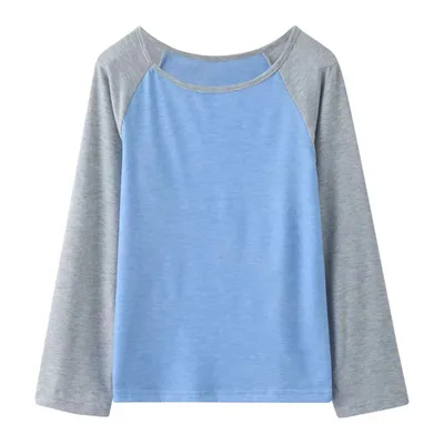 Half Sleeve Round Neck Contrast Color Waist Fat T shirt Women's Long Sleeve Sky Blue - Shop at LoveMi