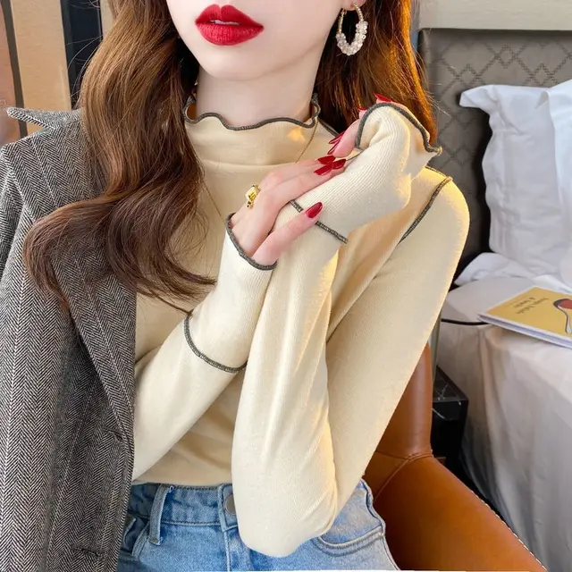 Half Turtleneck Wooden Ear Sweet Spicy Long sleeved T shirt Top For Women Beige Apricot - Shop at LoveMi