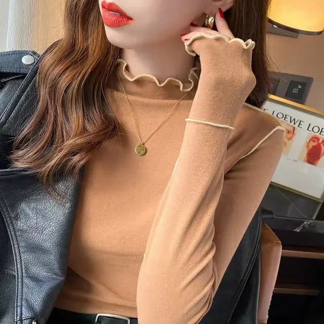 Half Turtleneck Wooden Ear Sweet Spicy Long sleeved T shirt Top For Women Caramel - Shop at LoveMi