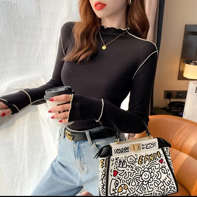 Half Turtleneck Wooden Ear Sweet Spicy Long sleeved T shirt Top For Women Classic Black - Shop at LoveMi
