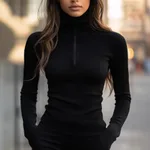 Slim-fit Stretch Slimming Zipper Collar Knitted Bottoming Shirt Top T-shirt - Black