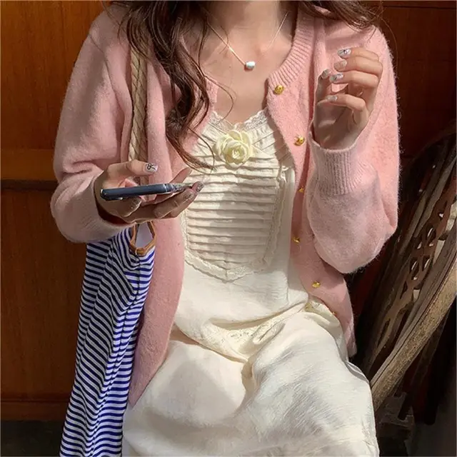Retro Gentle Style Small Golden Button Knitwear Women's Coat Light Pink - Shop at LoveMi