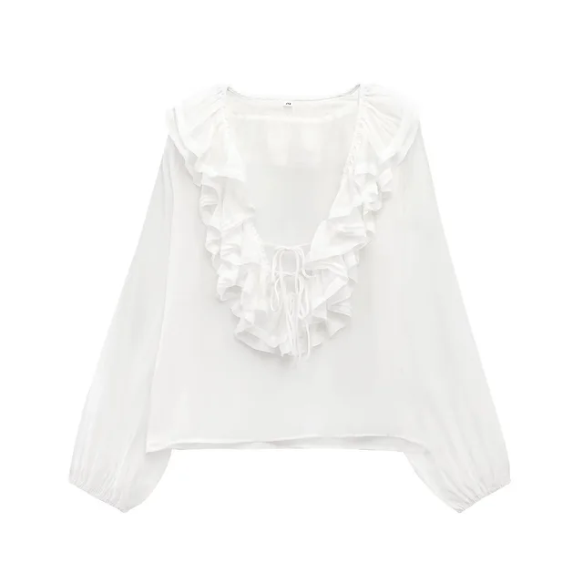 French Sweet V neck Thin Long Sleeve Ruffles White - Shop at LoveMi