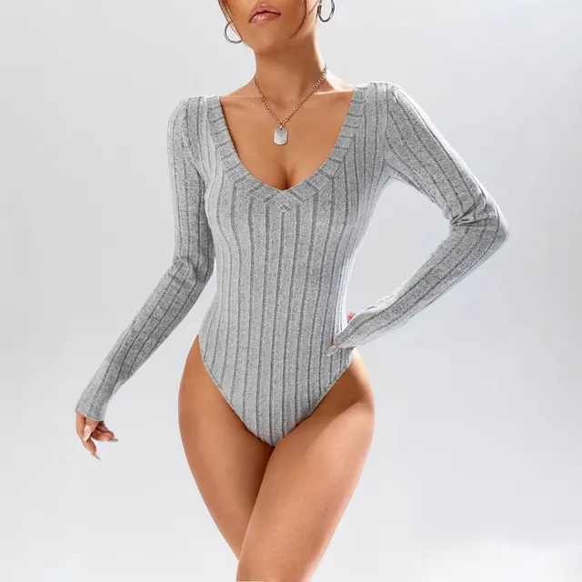 Simple Casual Solid Color Deep V neck Slim Fit Waist controlled Long Sleeves Jumpsuit Women Light Gray - Shop at LoveMi