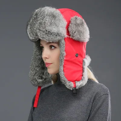 Rabbit Fur Unisex Thickened Warm Ear Protection Cold proof Outdoor Hat Bright Red - Shop at LoveMi