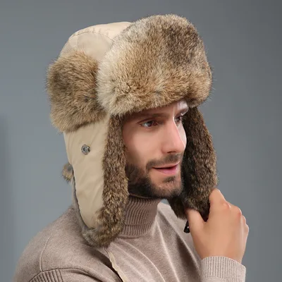 Rabbit Fur Unisex Thickened Warm Ear Protection Cold proof Outdoor Hat Light Khaki - Shop at LoveMi