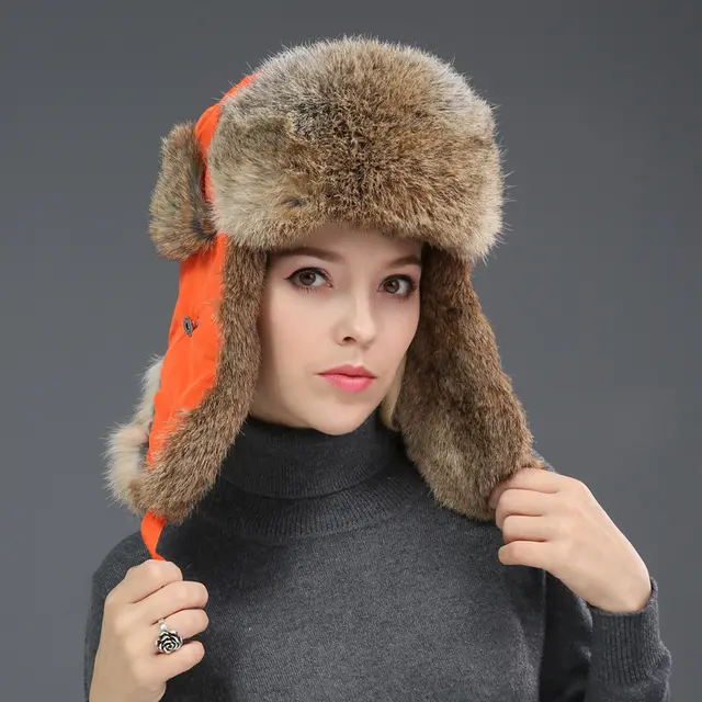 Rabbit Fur Unisex Thickened Warm Ear Protection Cold proof Outdoor Hat Orange - Shop at LoveMi