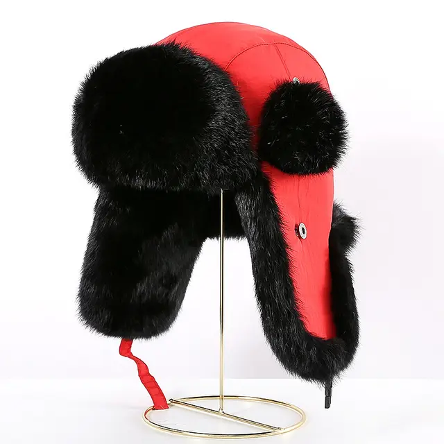 Rabbit Fur Unisex Thickened Warm Ear Protection Cold proof Outdoor Hat Red Cloth Black Fur - Shop at LoveMi