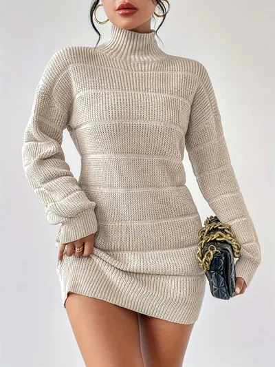 European And American Autumn And Winter Half high Collar Knitwear Dress Apricot - Shop at LoveMi