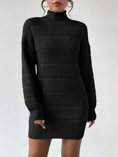 European And American Autumn And Winter Half high Collar Knitwear Dress Black - Shop at LoveMi