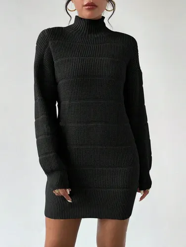 European And American Autumn And Winter Half high Collar Knitwear Dress Black - Shop at LoveMi