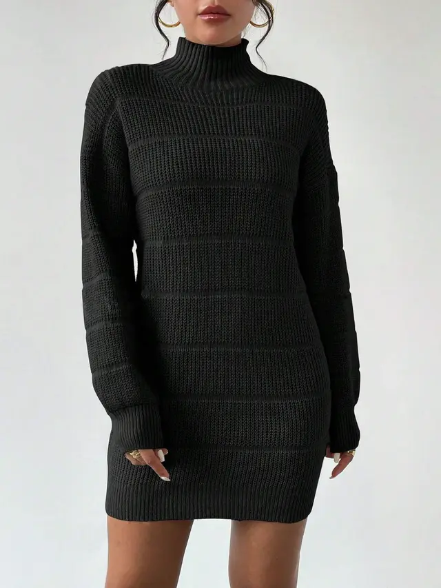 European And American Autumn And Winter Half high Collar Knitwear Dress Black - Shop at LoveMi